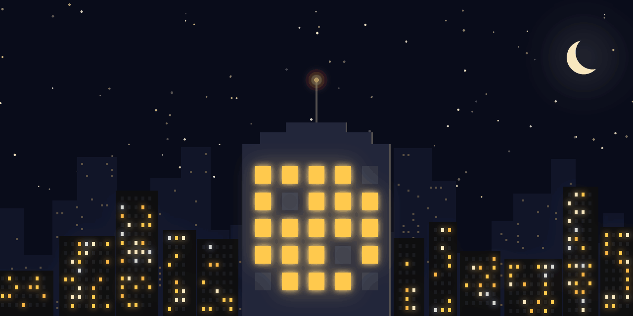 A night city whose windows flicker on and off
